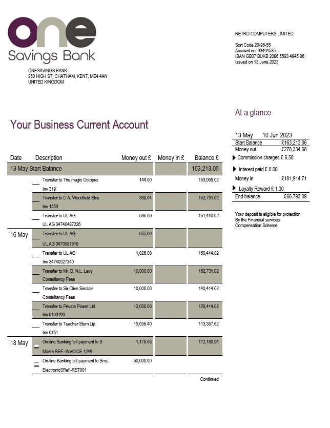 Modèle Word et PDF de relevé de compte courant d'entreprise One savings Bank
